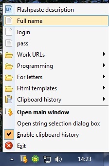 The Flashpaste menu in system tray. You can use it to insert text into the appropriate program