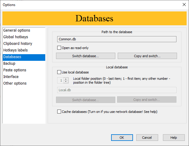 Flashpaste options, databases tab