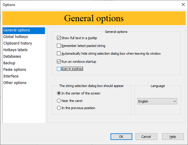 The options dialog of Flashpaste.